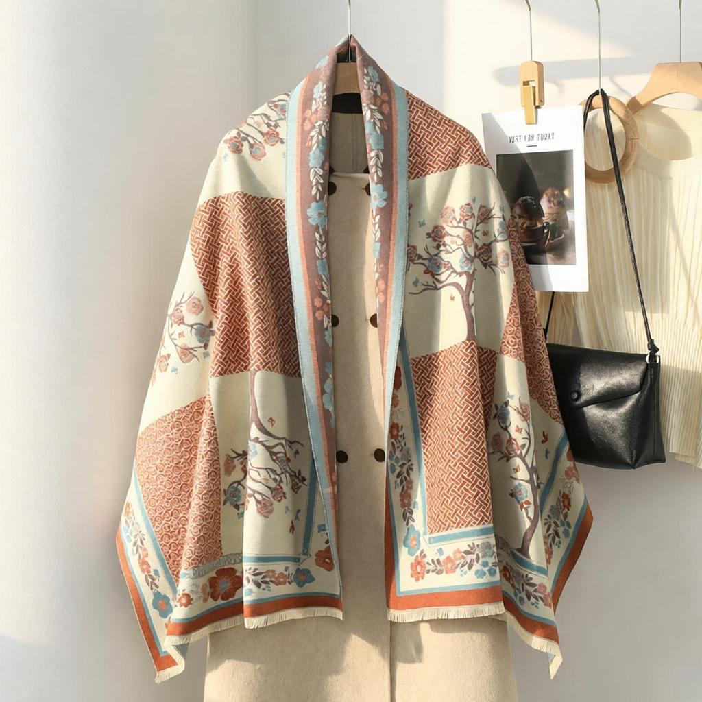 Double-Sided Women's Winter Ink Painting Snood: Imitation Cashmere Scarf for Air-Conditioned Rooms.