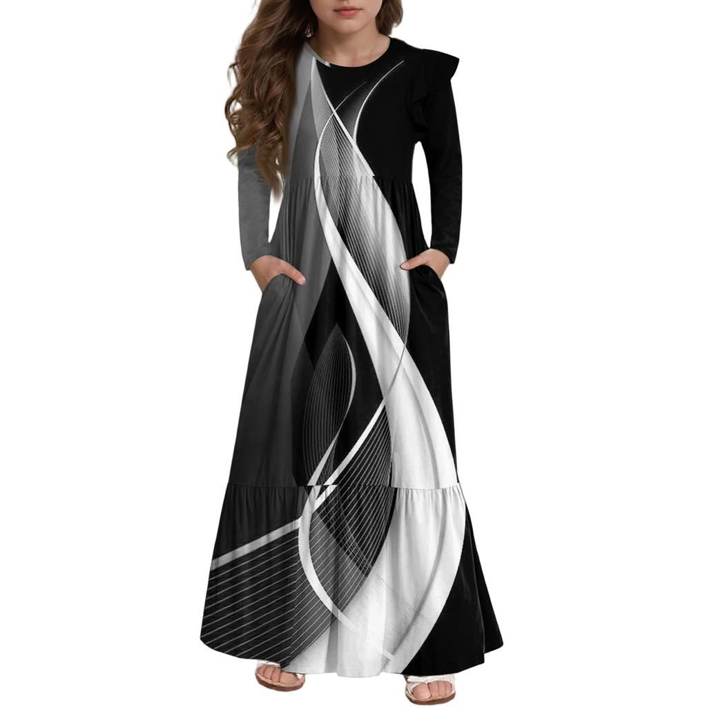 Girls' Tiered Ruffle Dress - Long Sleeve Printed Maxi With Pockets