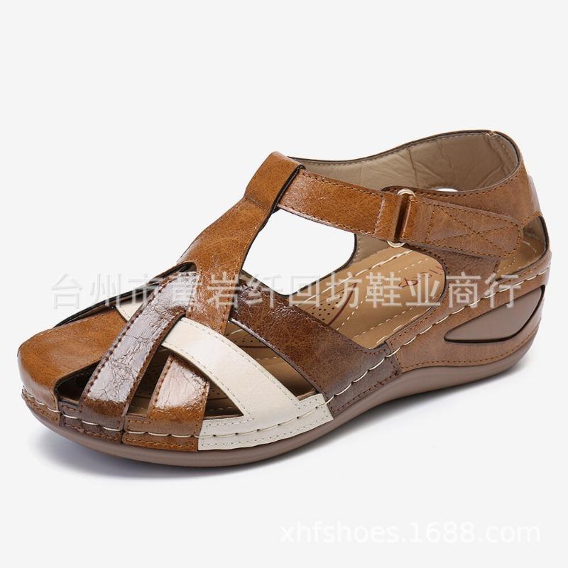 Women's shoes summer new retro round head wedge heel cross buckle women's sandals