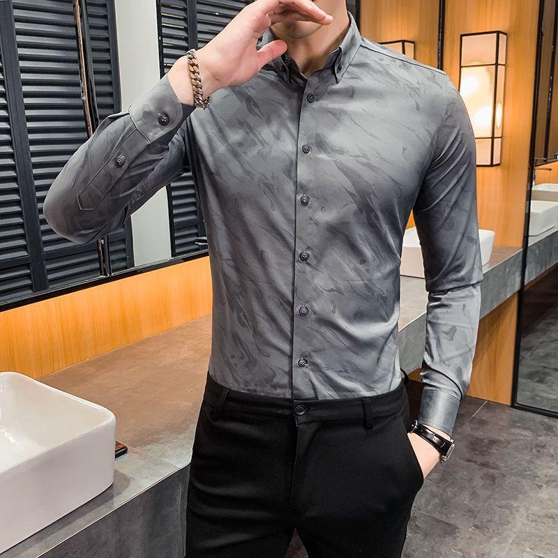 

Модная деловая рубашка с принтом, мужская тонкая рубашка с длинным рукавом, профессиональные классические рубашки M серый
