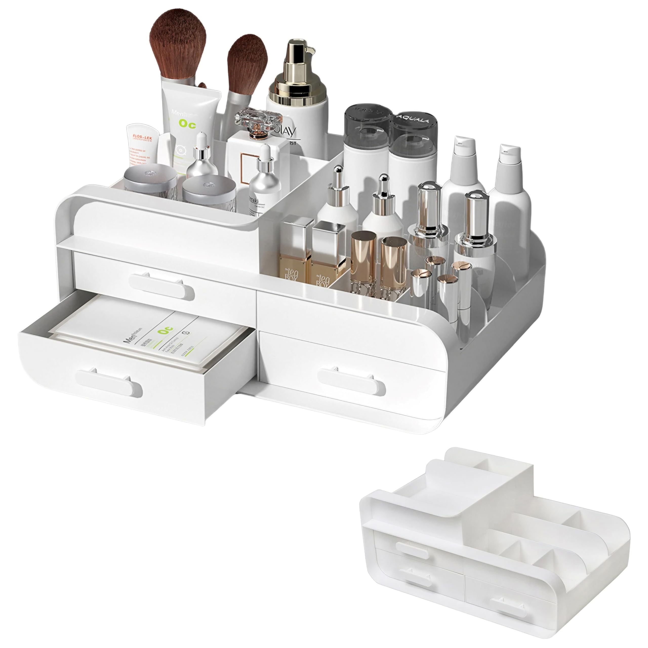 

East Leaf Makeup Box, Cosmetic Storage Box, Large Capacity, Stylish Desktop Storage for Cosmetics and Accessories [3 Drawers, 9 Compartments, White]