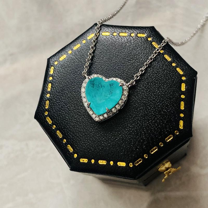 S925 Silver Heart Paraiba Necklace - Women's Layered Clavicle Chain Pendant