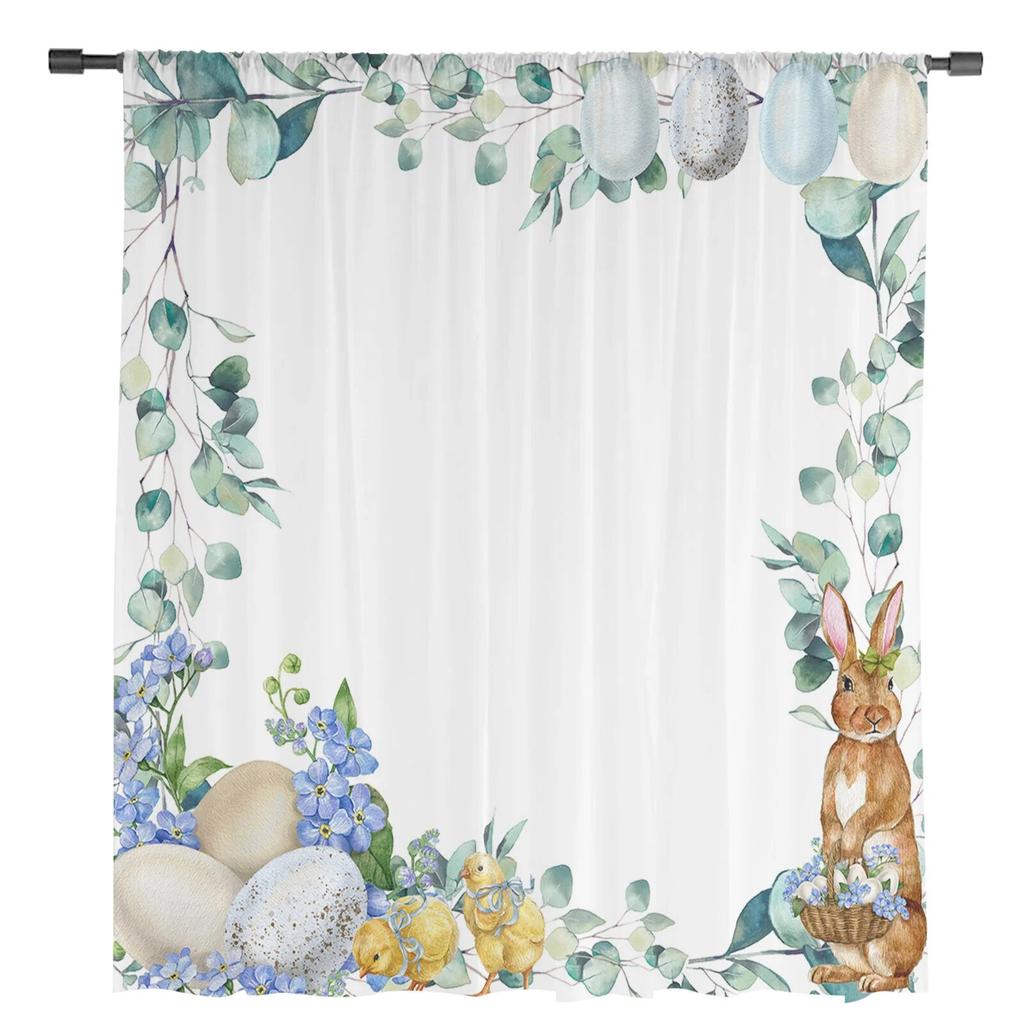 Transparente Vorhänge mit Osterhasen-Eier-Eukalyptus-Blumen für Wohnzimmer, Schlafzimmer, Kinderzimmer, Tüll-Fenstervorhänge