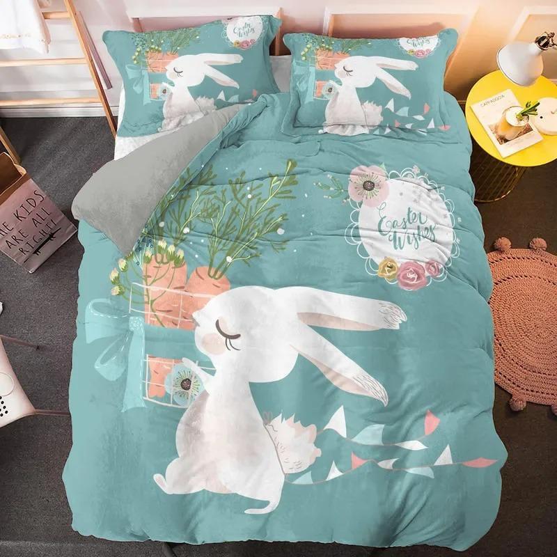 Cartoon Rabbit King Queen Duvet Cover Pet Animal Carrot Bedding Set for Kids Easter Theme Bule Polyester Quilt Cover