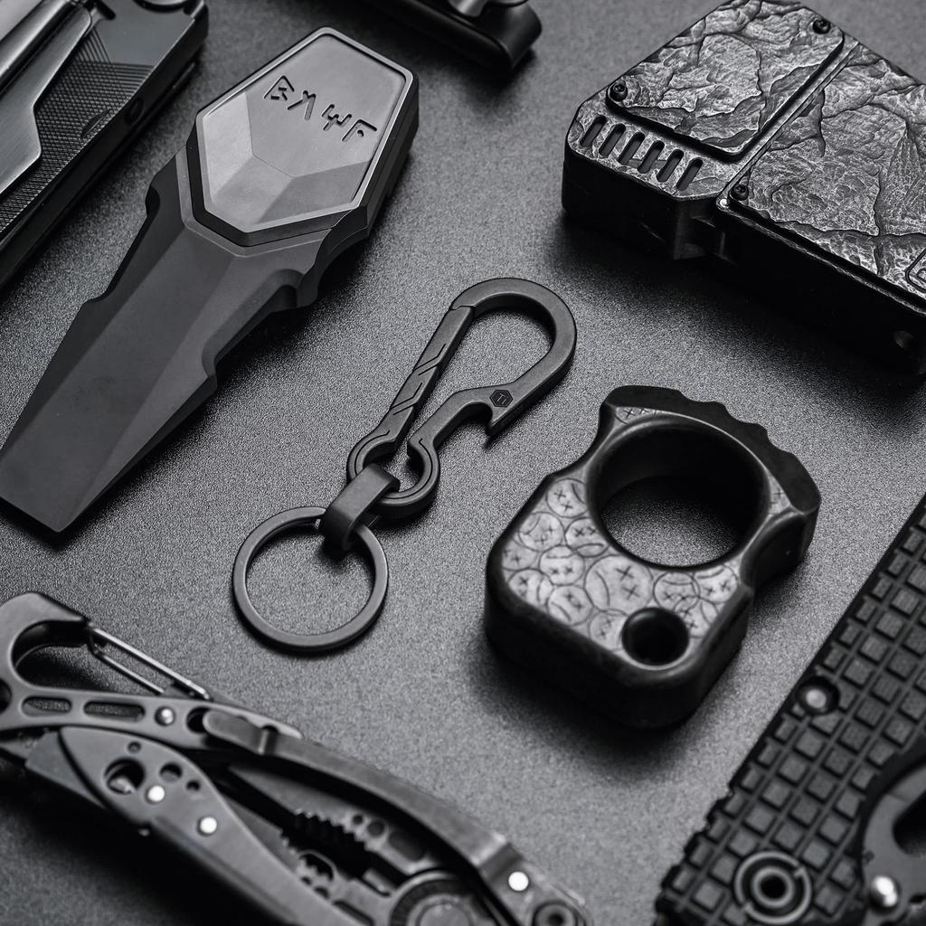 KeyUnity KM01BK Titanium Bottle Opener Bottle Opener Type Small Key Black Keychain, Rust-Resistant, Lightweight, + Carabiner, 2-in-1 Ring, Silver,