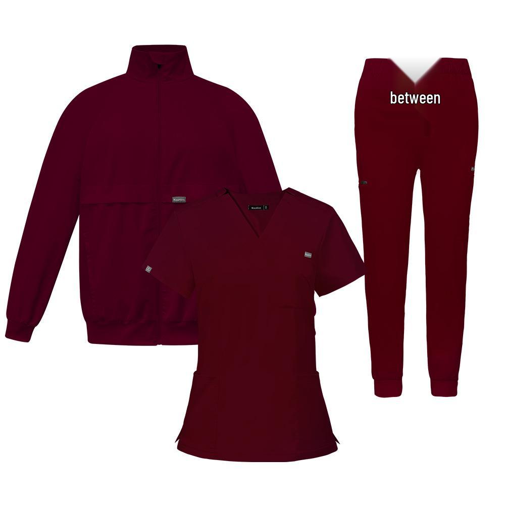 Three-Piece Nurse Scrub Set: V-Neck Jacket, Short-Sleeved Top, Long Pants with Elastic Waist.
