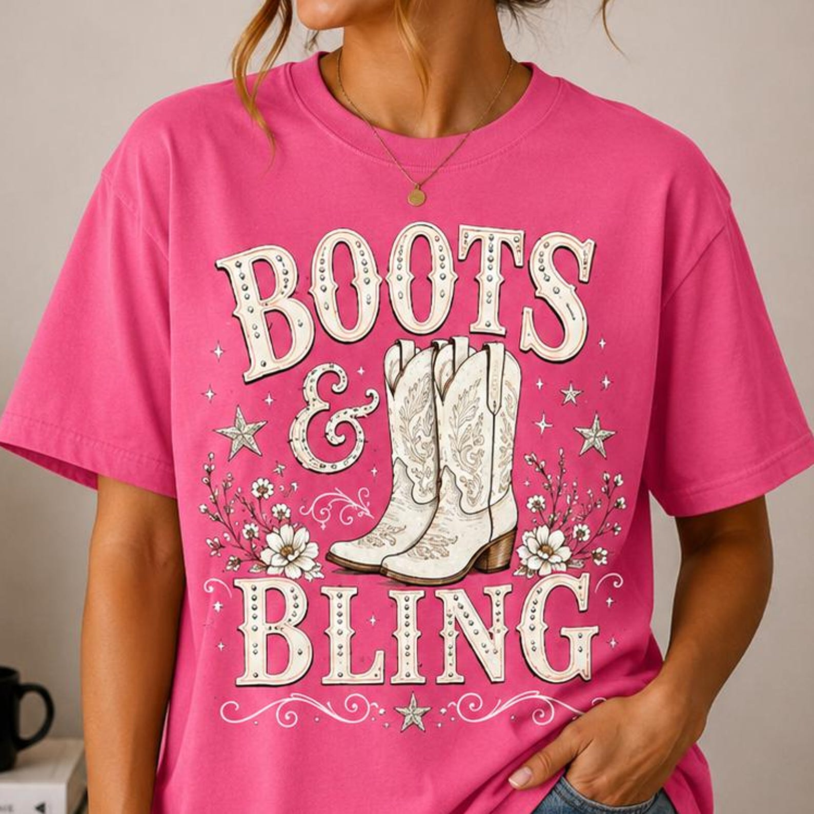 Boots & Bling Western Cowgirl Shirt, Country Girl Graphic Tee, Pink Cowboy Boots T-Shirt, Rodeo Outfit, Western Fashion Tee 4XL