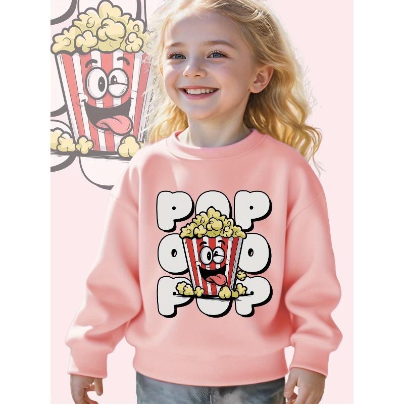 European Sizes Kids Popcorn Party: A Fun Cartoon Illustration Print Long Sleeve Crewneck Sweatshirt - Soft Casual Pullover Top with Cute Graphic Print