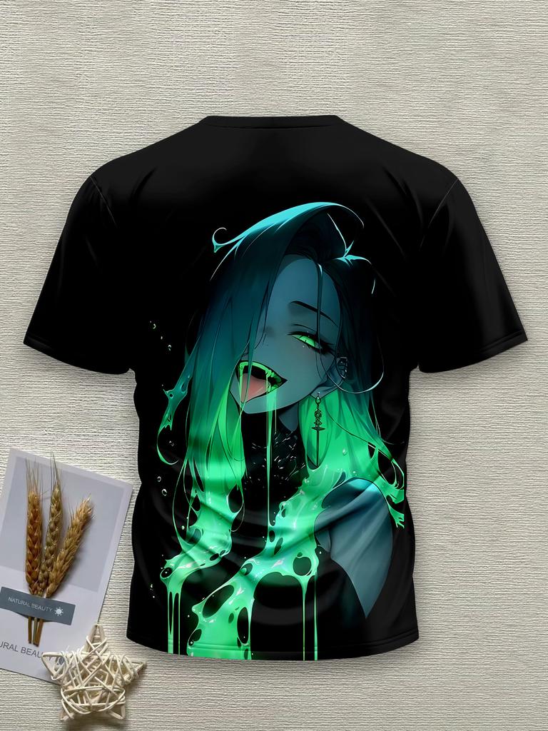 Fluorescent Green Dark Anime Girl Graphic T-Shirt Men's Street Style Trendy Round Neck Half Sleeve