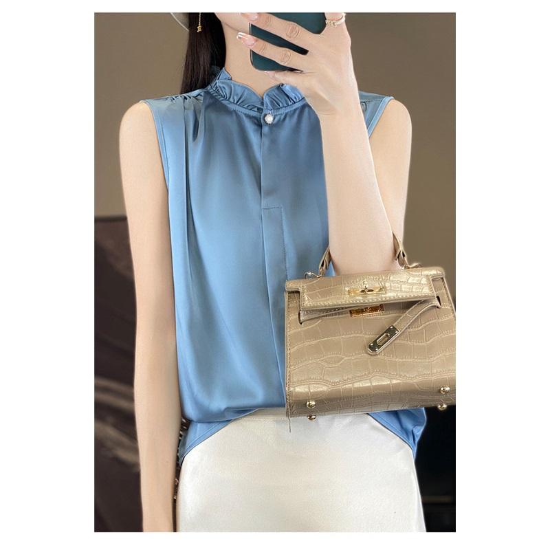 Lace Trim Sleeveless Solid Color One Button Blouse Silk Satin Slimming Commuter Shirt For Women Elegant Spring Summer Lightweight Top