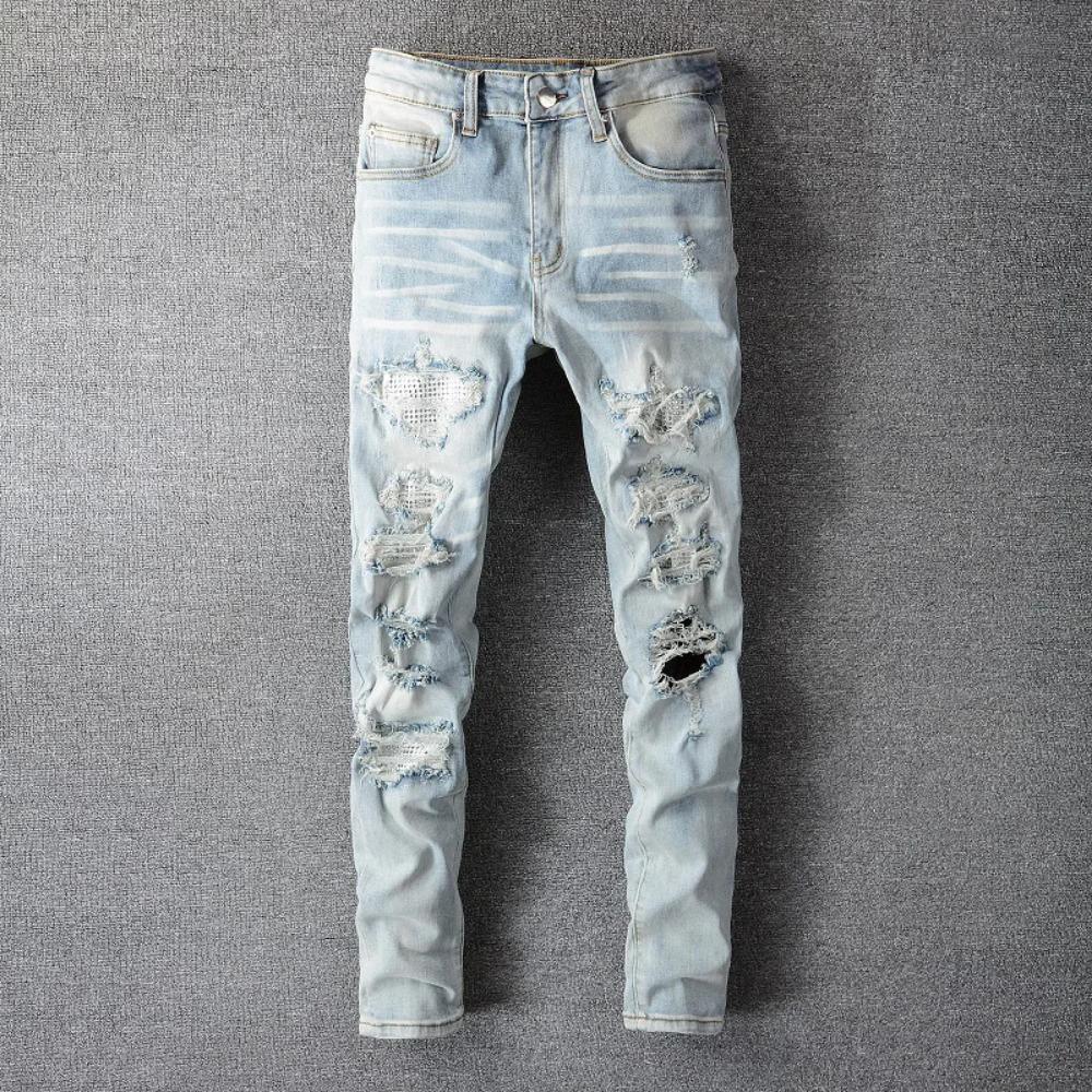 ZYLLO Pánské křišťálové dírkované roztrhané patchworkové džíny Streetwear Světle modrá džínovina Úzké slim džíny tužkového střihu Kalhoty