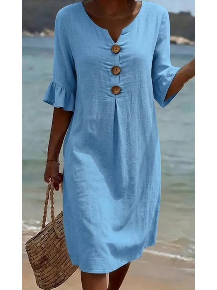 

Women s V-Neck Button Front Dress with Ruffled Sleeves in 5 Colors S синий