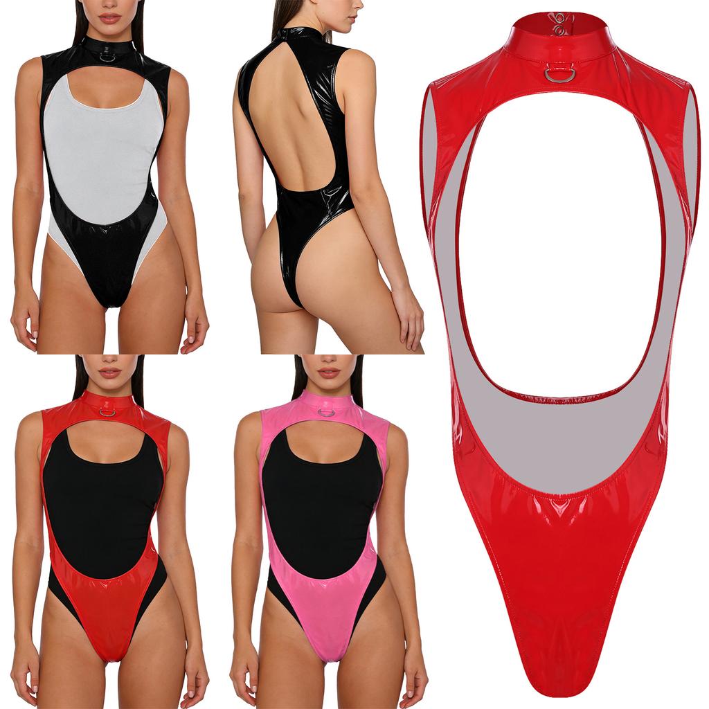 Womens Glossy Pu Leather Bodysuit Mock Neck Metal D Ring Open Front Backless High Cut Leotard