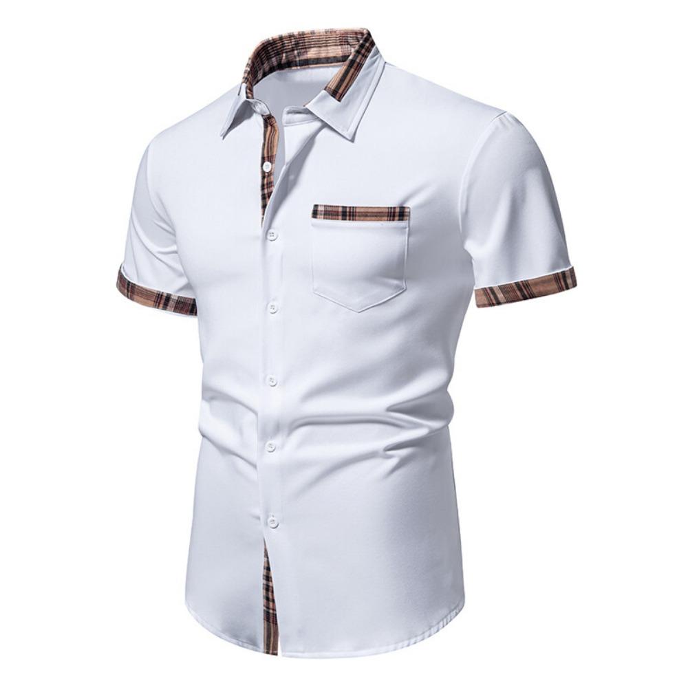 Men's Casual Short-sleeved Dress Shirt Plaid Collar Button-down Shirt