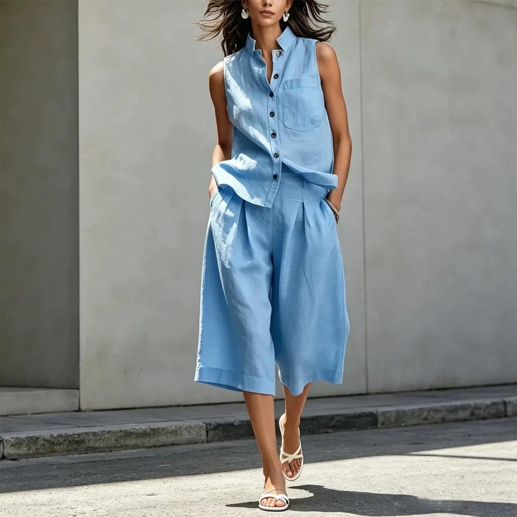 Dámský 2dílný set z lněné směsi: Bezrukávová košile na knoflíky a culottes. Ležérní letní outfit