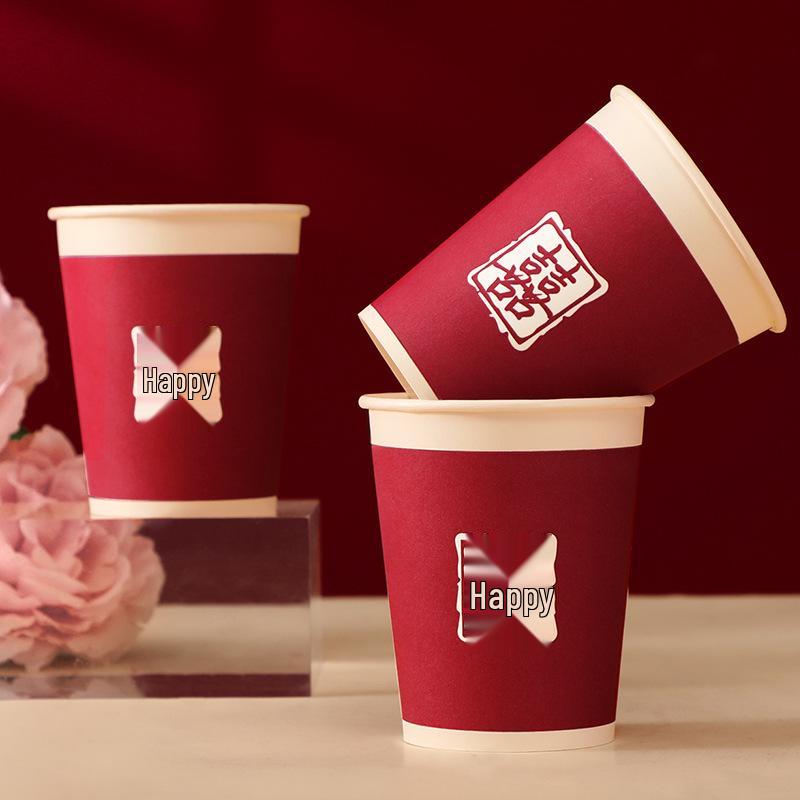 Disposable Wine Red Wedding Tea Cups for Engagements: Thick and Happy Design