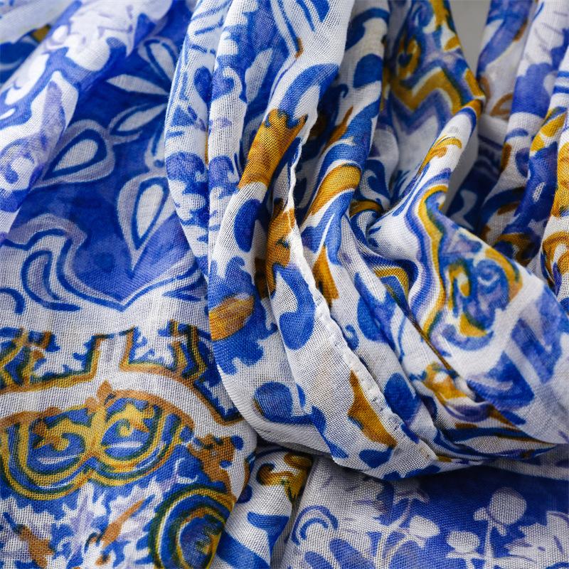 Women's Ethnic Print Scarf with Tassel Fringe LightweightMulti-Functional Shawl for Warmth, & Style - Blue & White Bohemian Design for Casual Outings