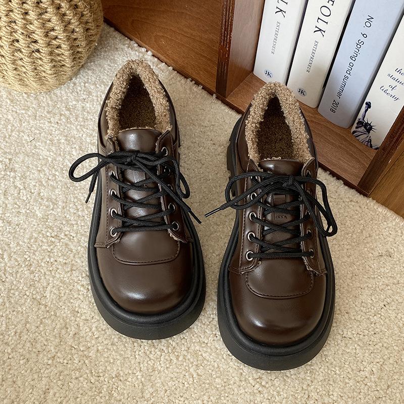College Style Velvet Small Leather Shoes Women's Autumn and Winter New Lamb Wool Shoes Thick Sole Heightening Lace-up Loafers