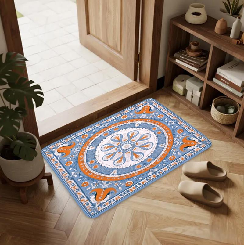 

Mandala Flower Pattern Blue Orange Half Round Carpet Mat Rug Home Decoration Entryway Door Bohemian Vintage Non Slip Durable 40x60cm