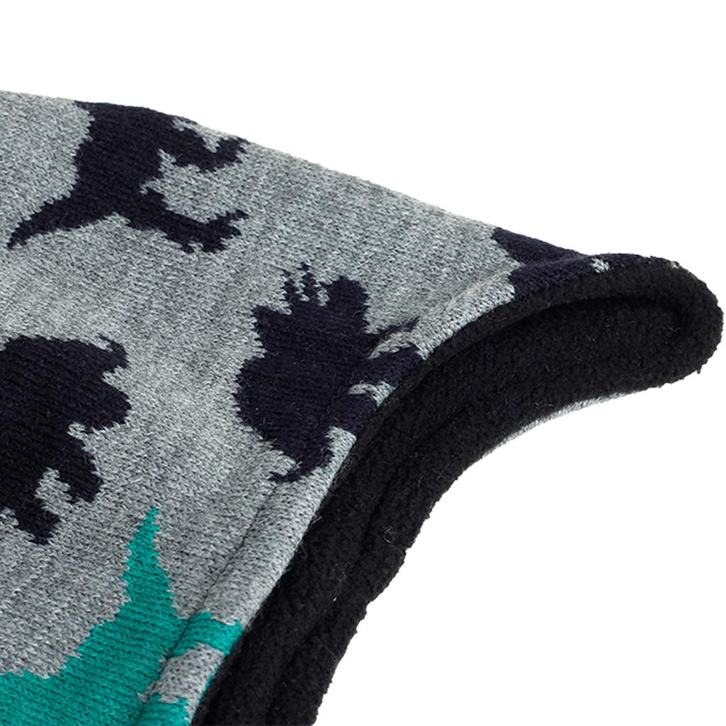 Toddler Knit Beanie Hat with Dinosaur Jacquard Pattern Earflap Design Pom Pom Top Kids Winter Warm Soft Stretchy Hat for Boys Girls