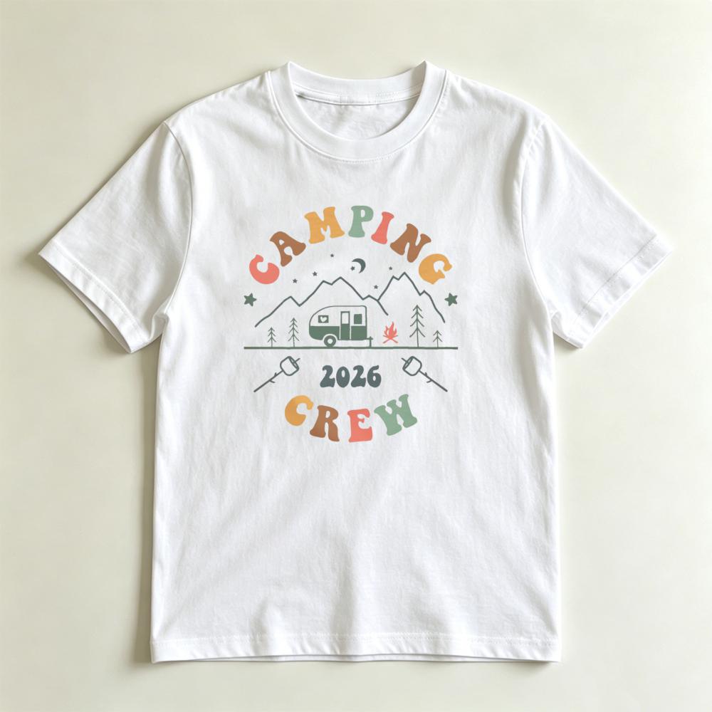 2026 Camping Crew Retro Rainbow Graphic TShirt Vintage Mountain Camper Tee Family Group Camping Trip Matching Casual Shirt