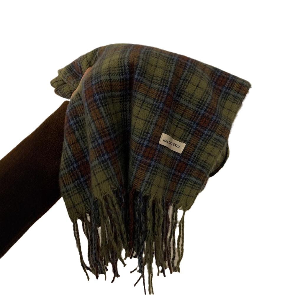 Autumn and Winter Korean Double-sided Green Plaid Scarf Female Versatile Japanese Retro High-end Warm Long Shawl Scarf