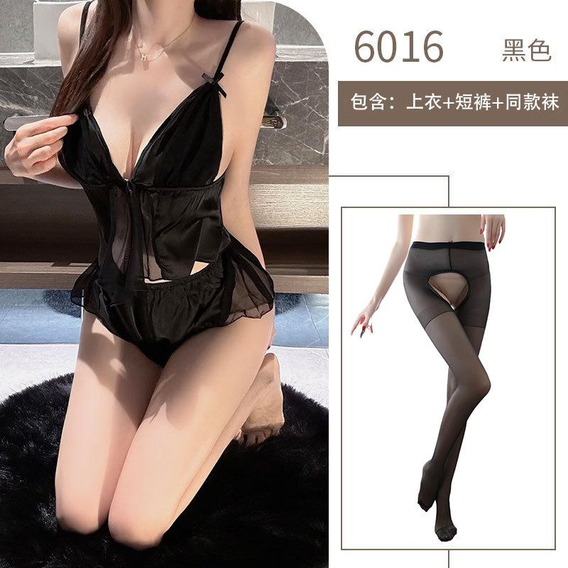Sex Sexy Underwear Women's Summer Ice Silk Thin Sex Fun Front Open Lace Perspective Set