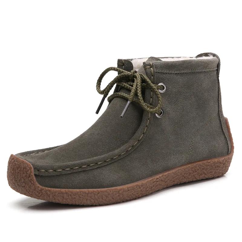 Fashion Winter Soft Sole Ankle Boots with Plush for Women Lace-Up Ladies Retro Flat Shoes Handmade Genuine Cow Leather Warm Sneakers