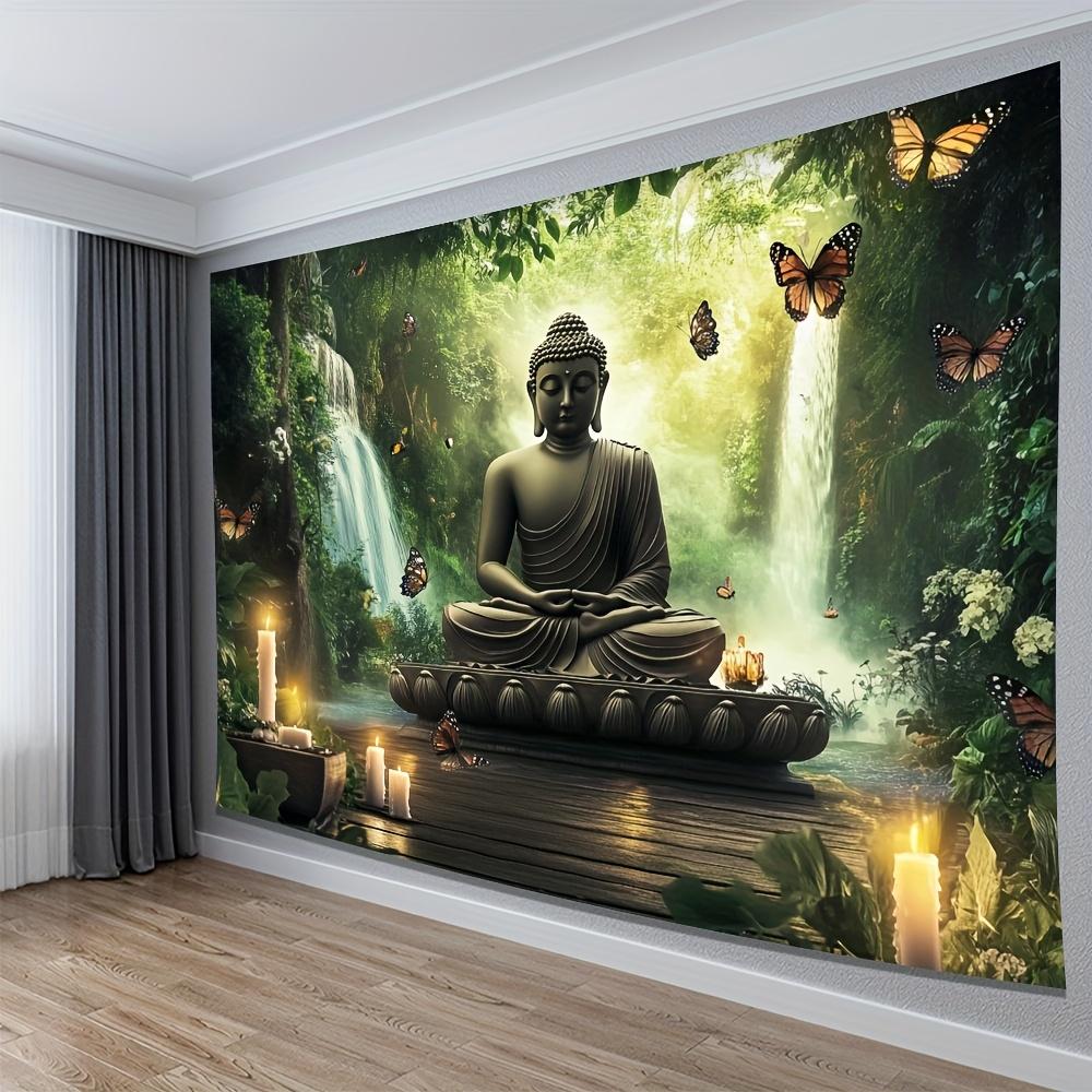 

Buddha Statue Waterfall Forest Tapestry Zen Meditation Art Butterfly Decor Peaceful Nature Wall Hanging Living Room Print 74x94cm(29x37in)