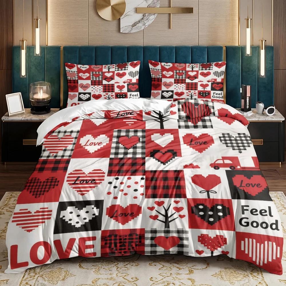 3 Piece Set Love Grid Valentine's Day Decoration Quilt Set,Including 1 Duvet Cover and 2 Pillowcases(excluding Padding)