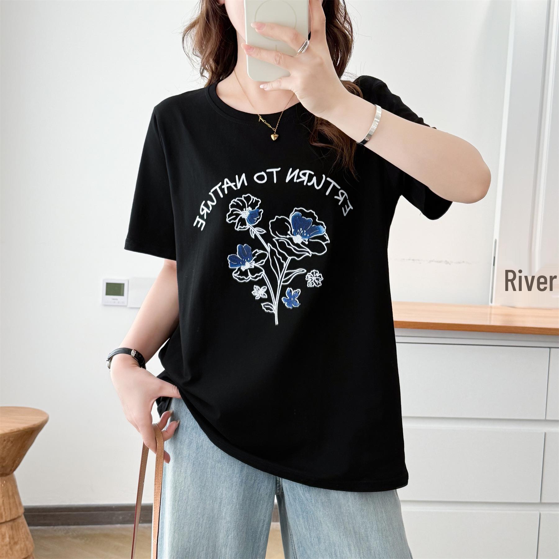 

2026 Women s Plus Size Printed Round Neck Cotton T-shirt - Slimming Short-Sleeved Top for Summer. XL чёрный