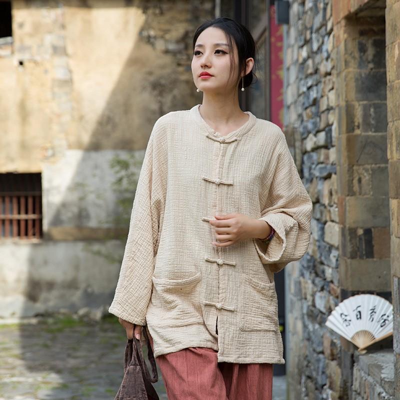 Johnature Women Vintage Shirts Tops O-Neck Bat Sleeve Blouses Patchwork Pockets Loose Button Shirts