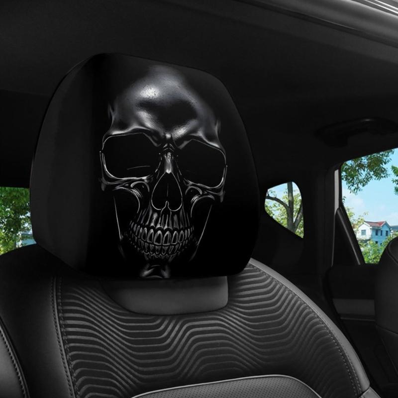 Skull Car Headrest Cover Pair, Black Polyester Slip On Headrest Sleeves with Elastic Opening for Daily Driving and Matched Front Seat Style