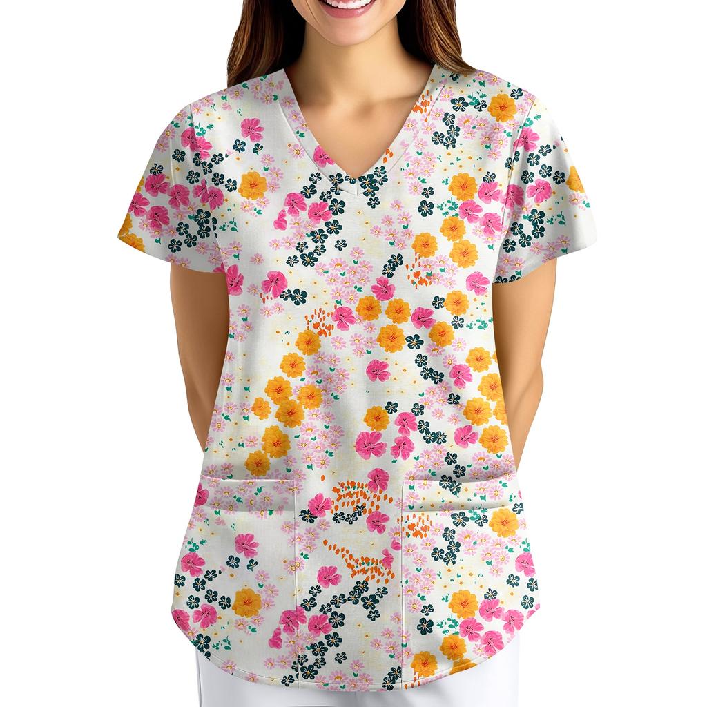 Nadměrná velikost Potištěný pracovní oděv Halenky pro dámský překřížený výstřih do V Potisk Krátký rukáv Zábavná trička Pracovní oděv Tričko s kapsami