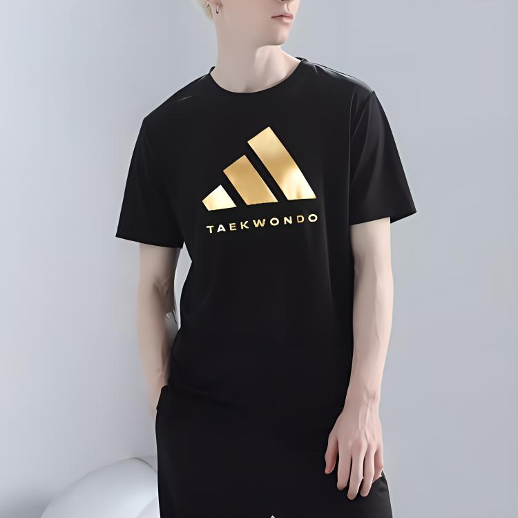 Adidas Klasické Pohodlné Tréninkové Běžecké Sportovní Pletené Tričko s Krátkým Rukávem a Kulatým Výstřihem Unisex Top Černá Zlatá ADICLTS24TK-BG