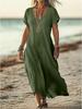 V-Neck Loose Solid Color Cotton Linen Women's Dress