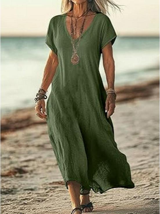 V-Neck Loose Solid Color Cotton Linen Women's Dress