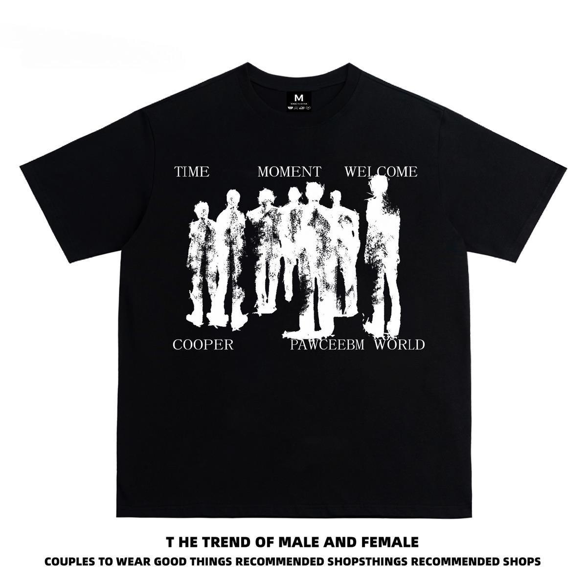 

American Retro Guochao High Street False Character Tide Brand Short-sleeved T-shirt Men s and Women s Pure Cotton Loose Top S