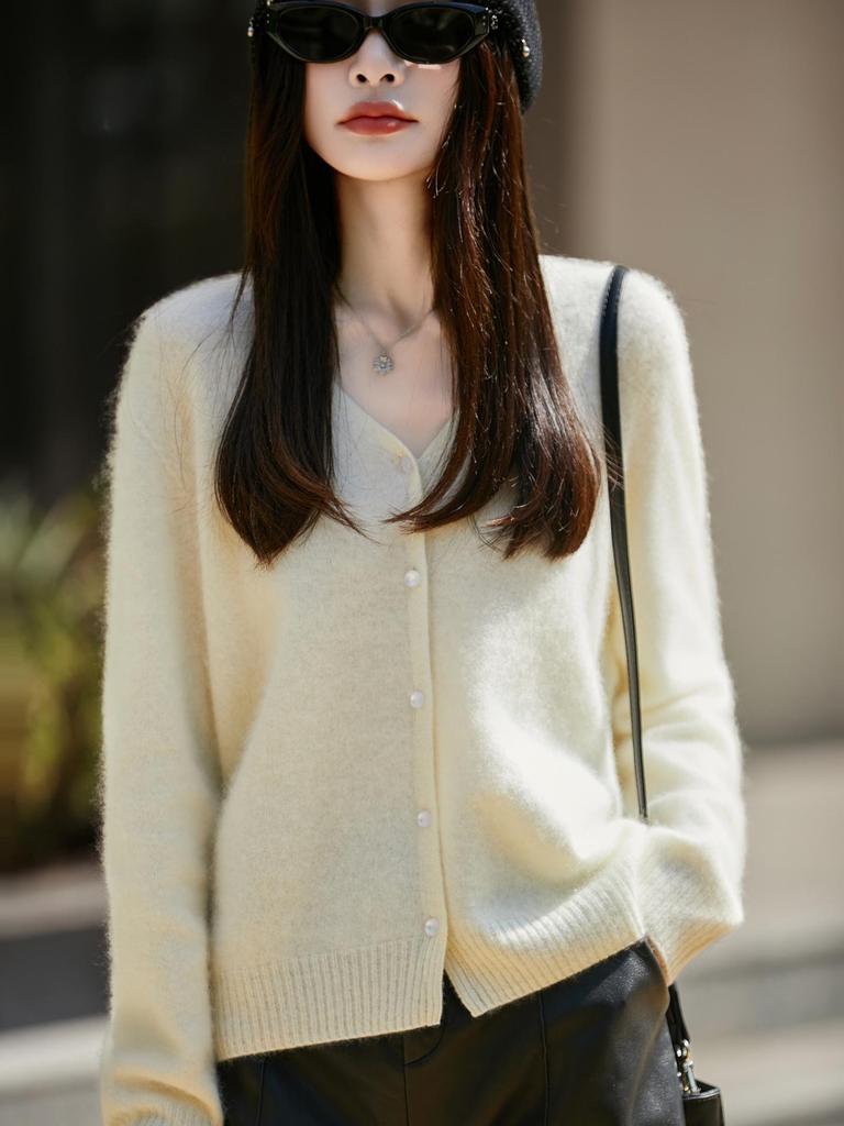 Korean-Style Elegant Wool Knit V-Neck Cardigan for Women - 2025 Fashion Collection