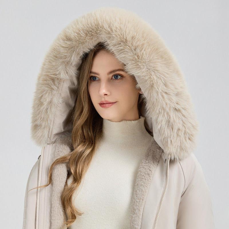 Mid Length Hooded Parka Coat Women's Winter Fur-Lined Coated Warm Cotton Coat