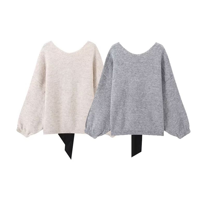 Kaslead New Arrival Women's Fashion Style Stylish Simple and Versatile Knitting Back Bowknot Decoration Pullover