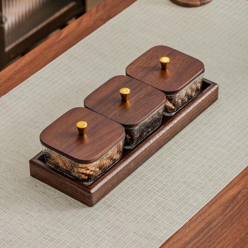 New Chinese Style Walnut Wood and Glass Snack Tray