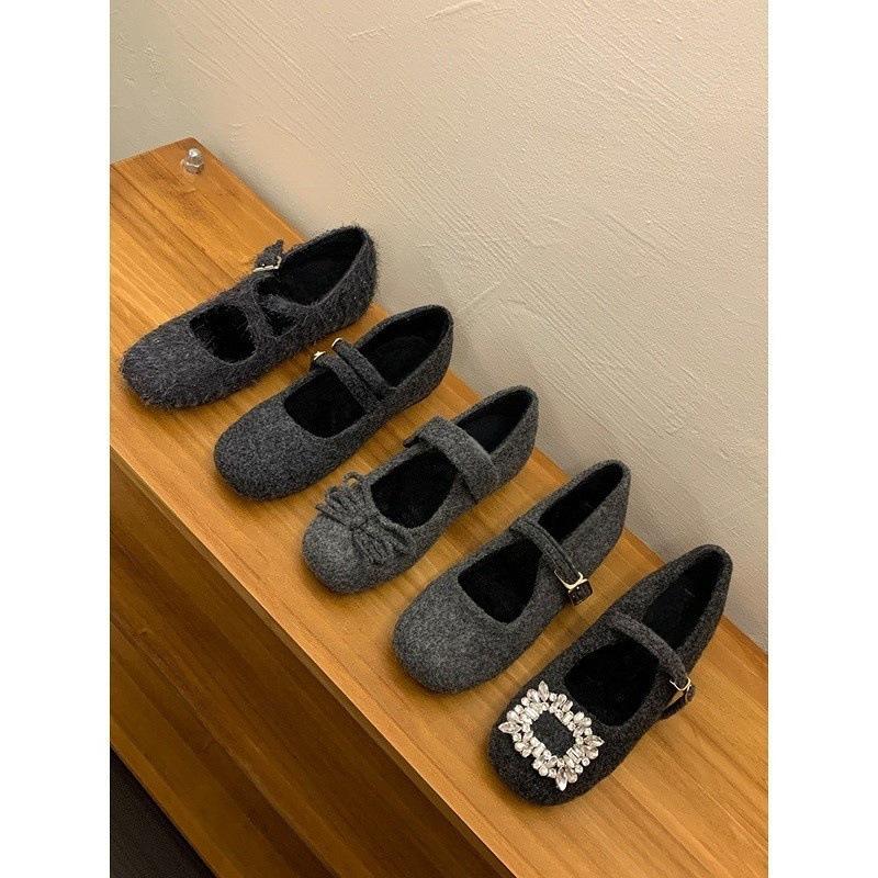 Inner height increase plush word belt Mary Jane shoes autumn and winter rhinestone square buckle light mouth fluff shoes single shoes