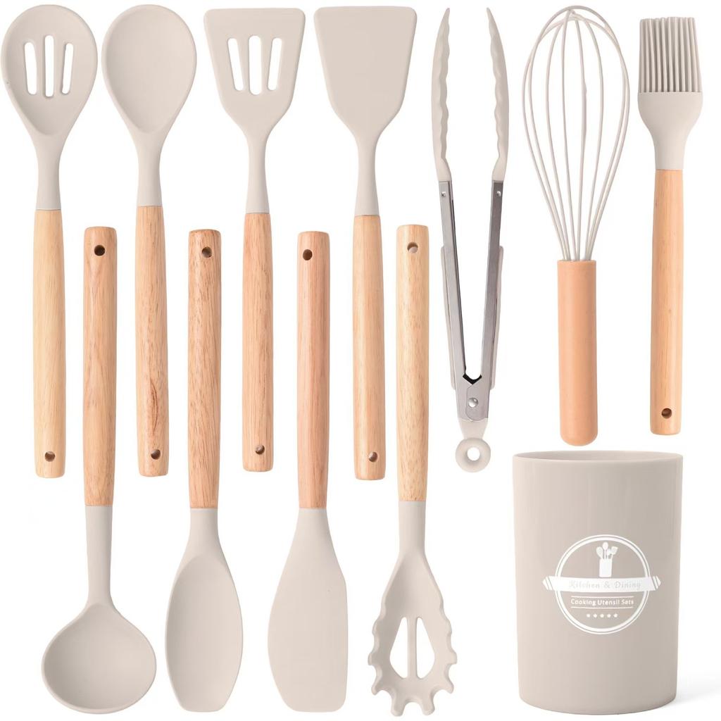 12Pcs Silicone Utensils Set Non-Stick Cookware Spatula Shovel Egg Beaters Wooden Handle Kitchenware Home Kitchen Cooking Tools