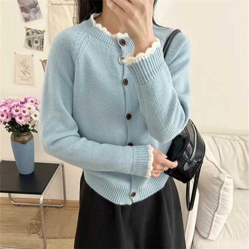 

Осень Зима Кружевная вязка Вязаный свитер Короткий кардиган куртка Свободный круглый вырез корейская Мода однотонные Свитеры для молодежи Женские One Size