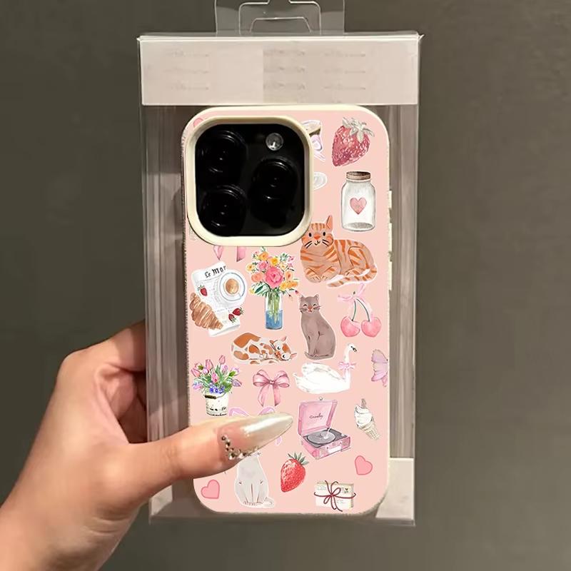 Cute Cat Strawberry Lychee Texture Phone Case For iPhone 17 Pro Max 16 15 14 13 12 11 Pro 14 15 Plus 17 Air Silicone Soft Cover