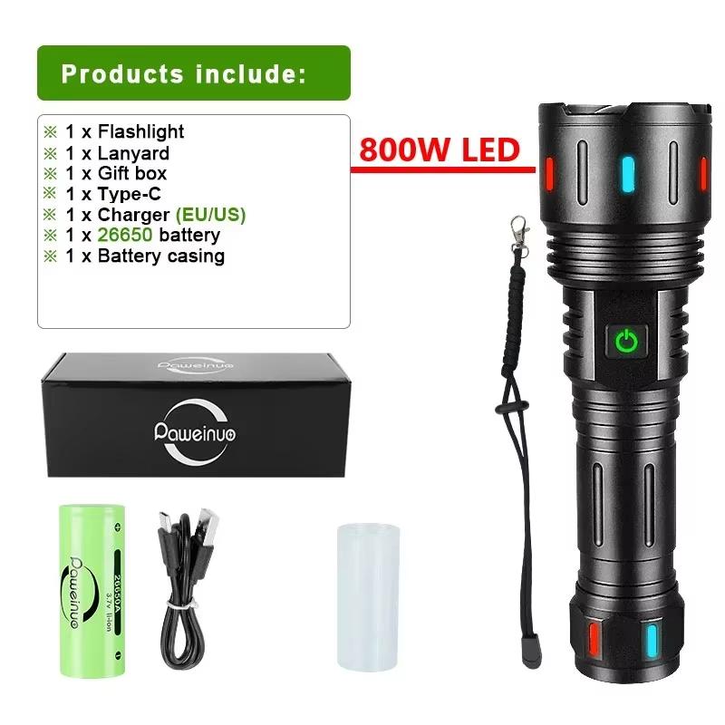 1000000LM Most Powerful Led Flashlight Rechargeable 800W LED Flashlights High Power Zoom Torch Long Range 3000m Tactical Lantren