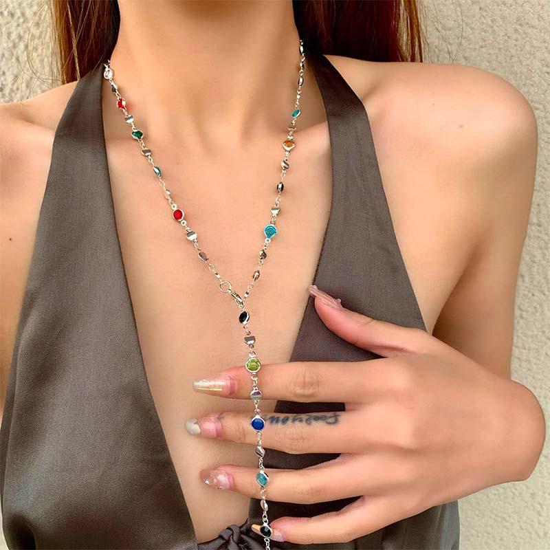 Colorful Imitation  Long Y-Shaped Necklace Metal Collarbone Chain Holiday Party Body Jewelry
