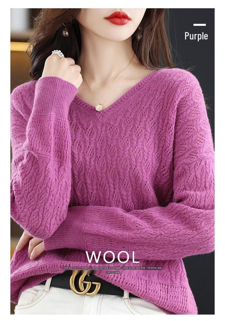 Women's Cashmere Loose Knit Sweater V2023 - Hollow-Out Pullover with Pure Wool Collar