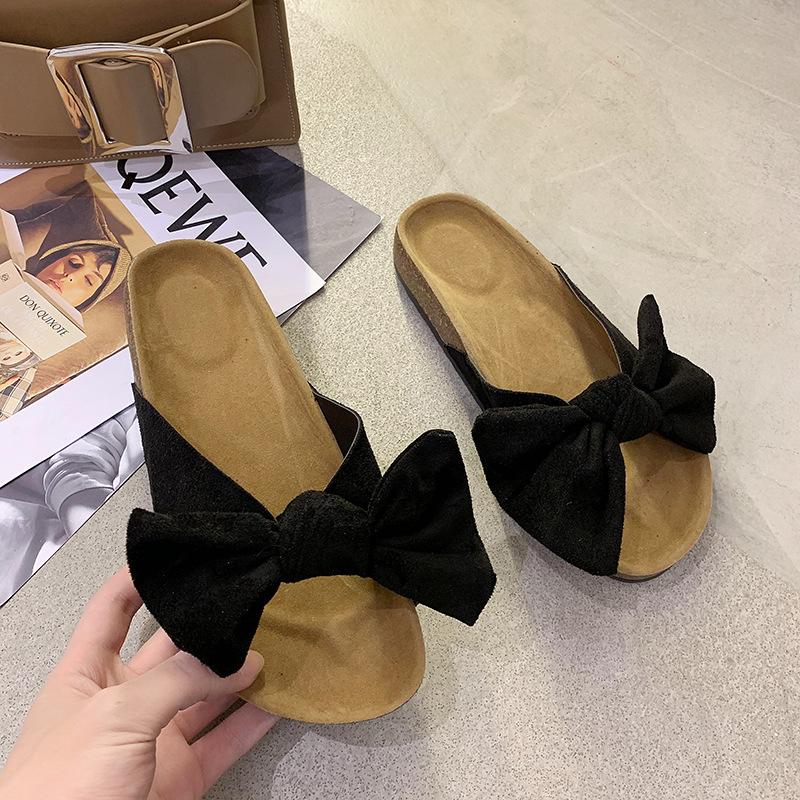 Hausschuhe Damen Sommer Wildleder Schleife Zehenfrei Mode Damen Sandalen Weibliche Freizeit-Hausschuhe Pantoletten Dicke Sohlen Zehensandalen WSH4447